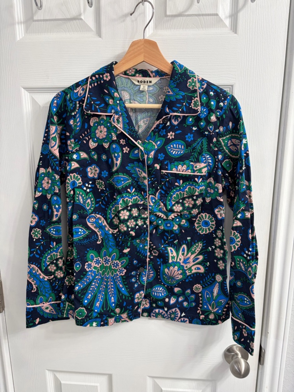 Boden Navy Floral Paisley Pajama Set with Pink Trim - Picture 5 of 6